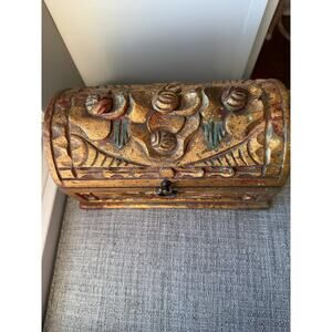 Vintage Hand Carved Gilded Wooden Jewelry Casket  Decorative Box Velvet Interior